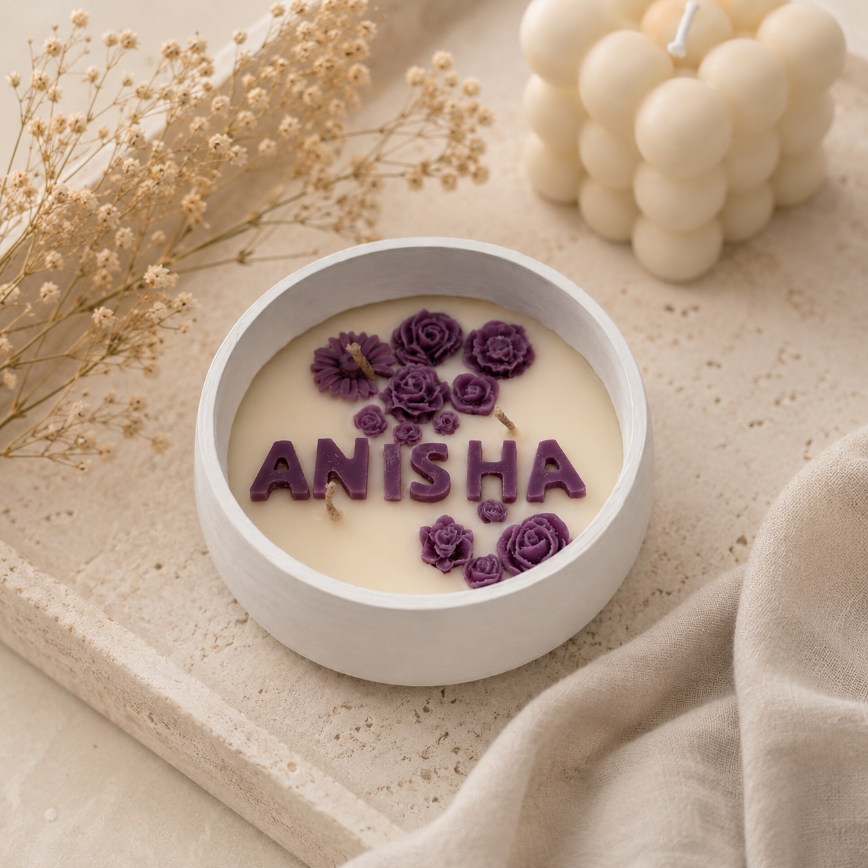 Personalised Name Candle in Handmade Floral Bowl | Custom Gift