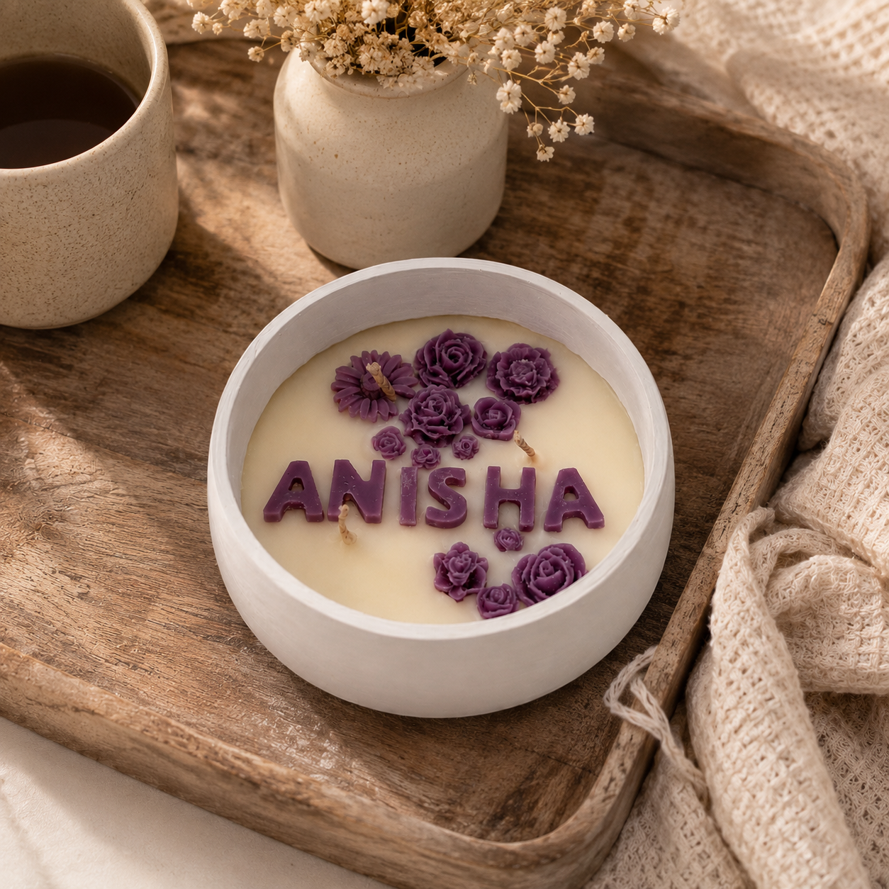 Personalised Name Candle in Handmade Floral Bowl | Custom Gift