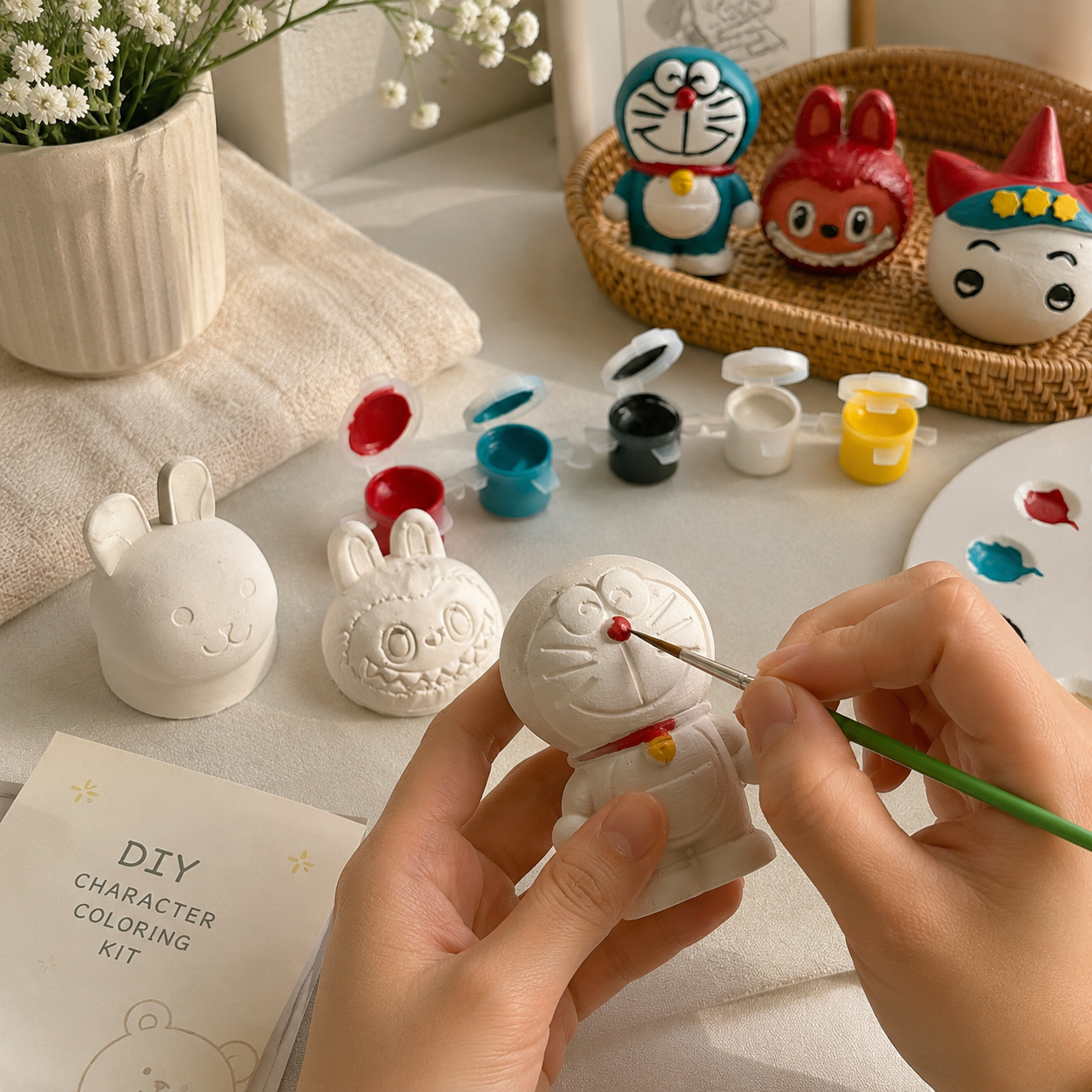 DIY Colouring Kit with 3 Cartoon Figurines, Paints & Brush | Kids Craft Set