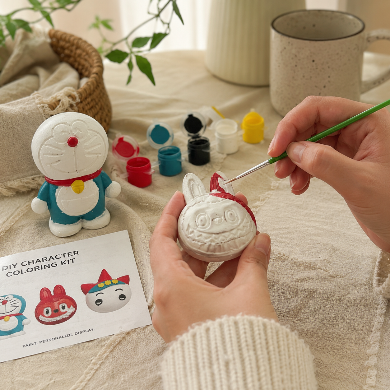 DIY Colouring Kit with 3 Cartoon Figurines, Paints & Brush | Kids Craft Set