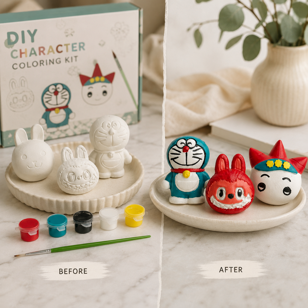 DIY Colouring Kit with 3 Cartoon Figurines, Paints & Brush | Kids Craft Set