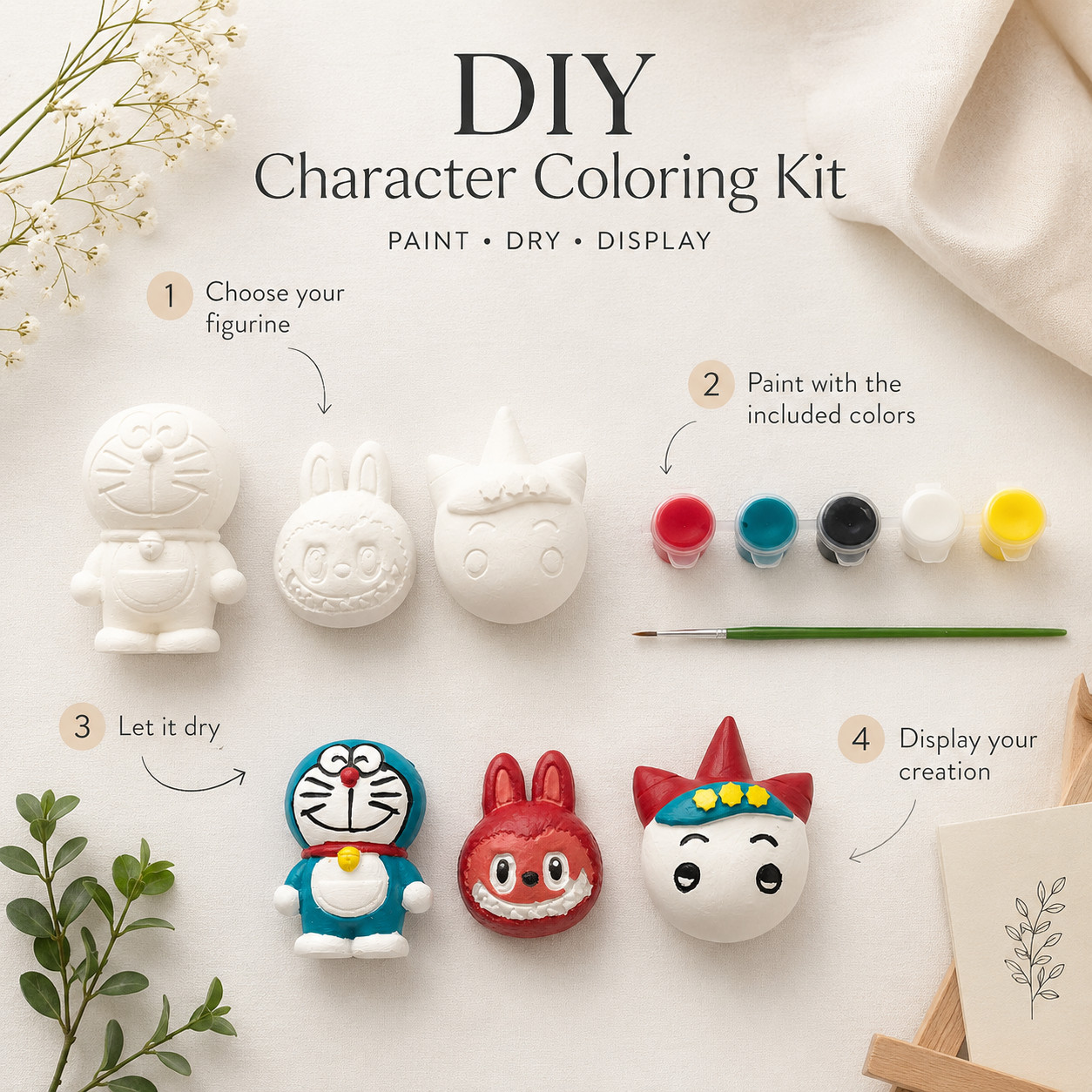 DIY Colouring Kit with 3 Cartoon Figurines, Paints & Brush | Kids Craft Set