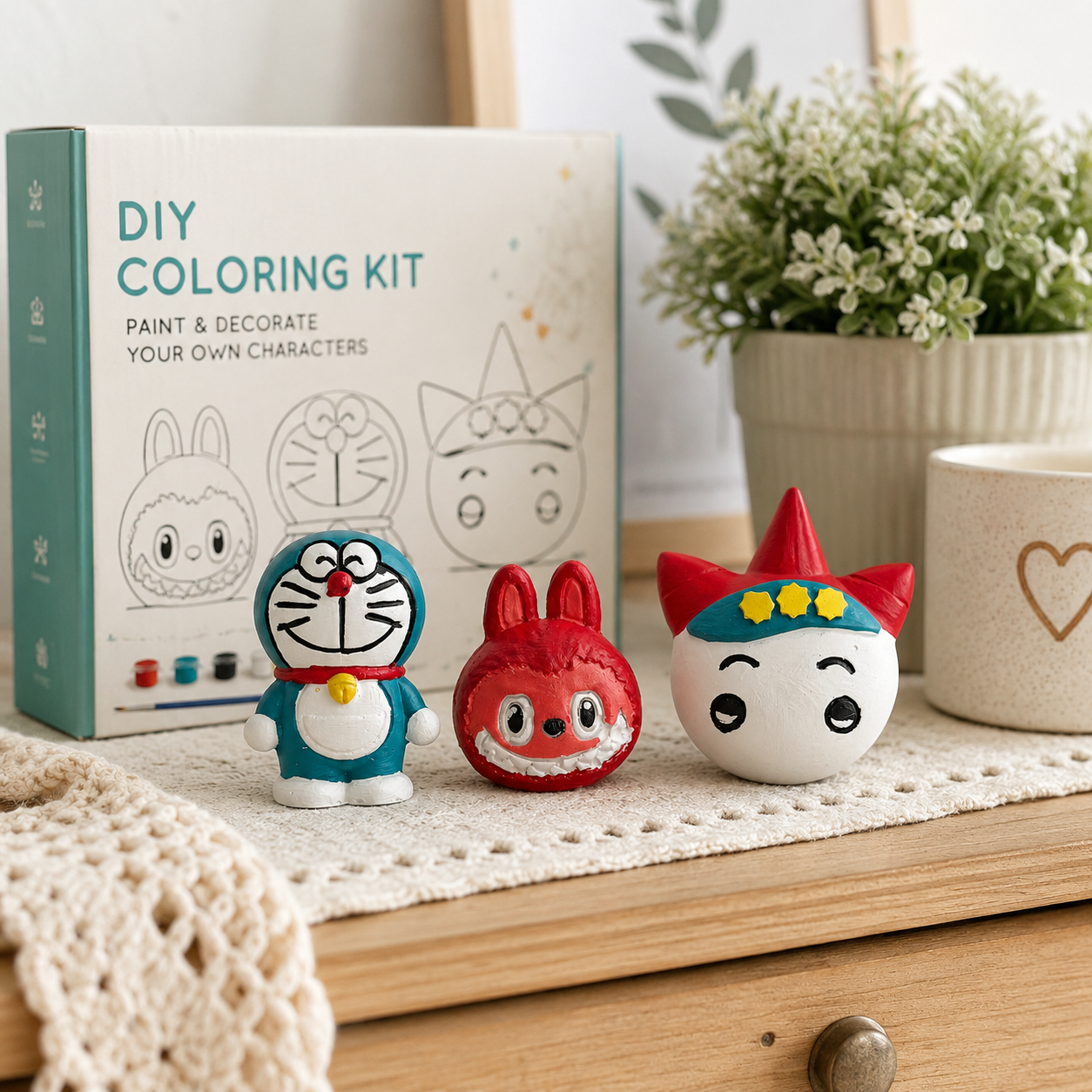 DIY Colouring Kit with 3 Cartoon Figurines, Paints & Brush | Kids Craft Set