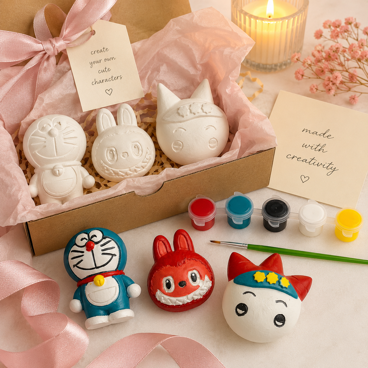 DIY Colouring Kit with 3 Cartoon Figurines, Paints & Brush | Kids Craft Set