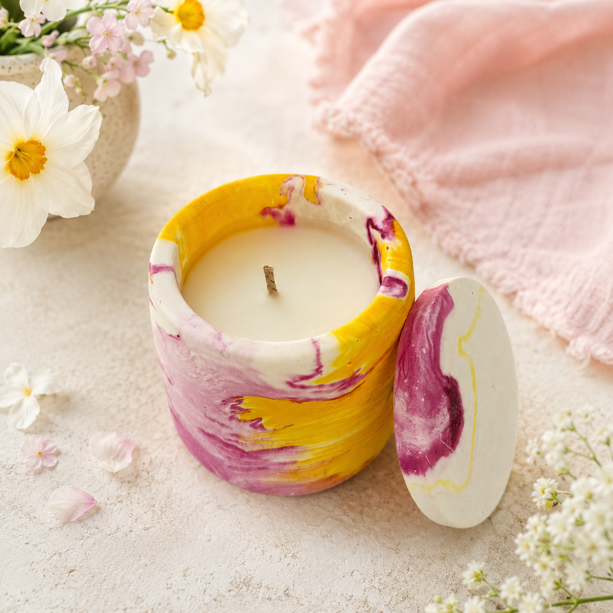 Reusable Lidded Candle in Hand-Painted Container | Decorative Scented Candle