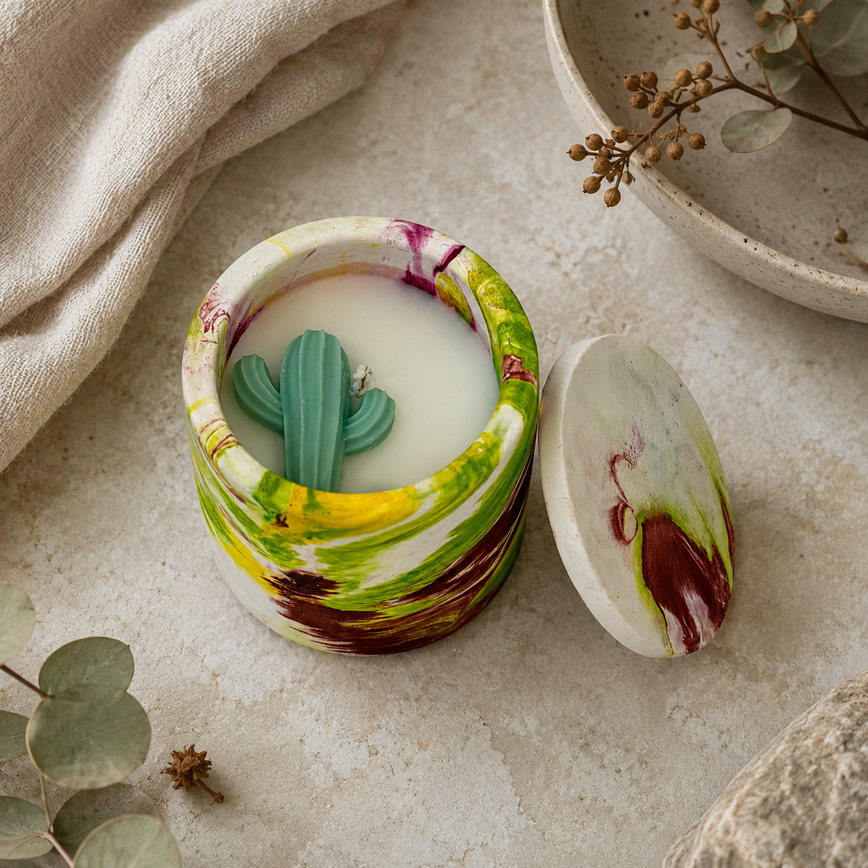 Reusable Hand Painted Cactus Candle with Lid | Decorative Marbled Container Candle