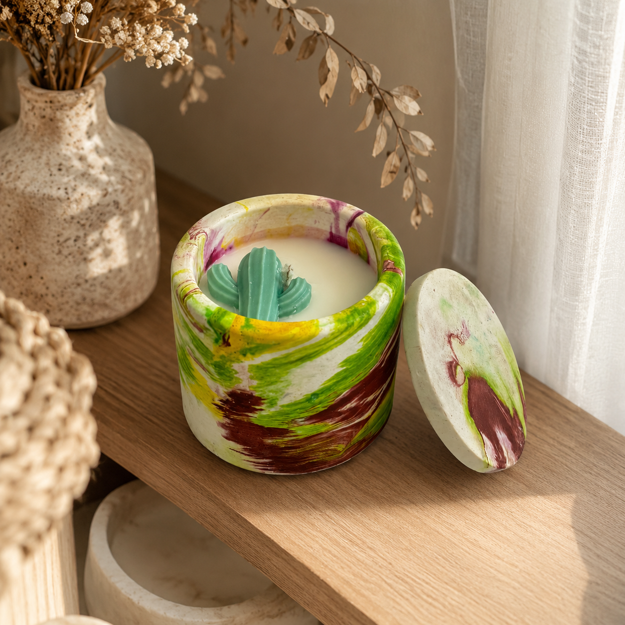 Reusable Hand Painted Cactus Candle with Lid | Decorative Marbled Container Candle
