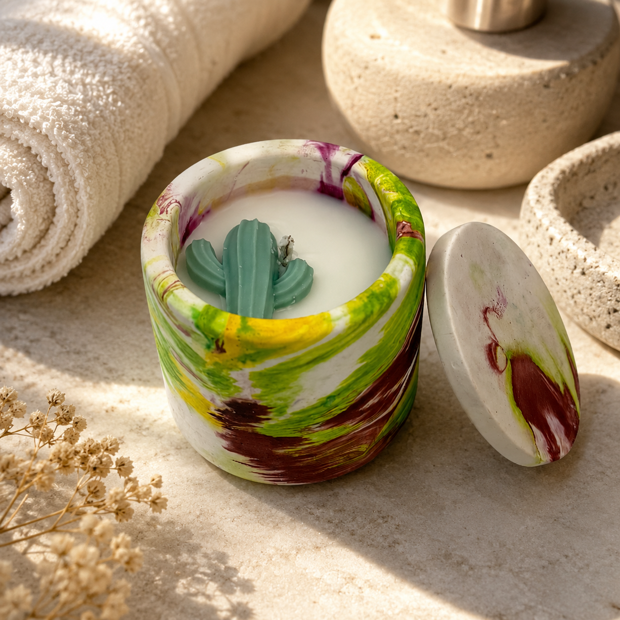 Reusable Hand Painted Cactus Candle with Lid | Decorative Marbled Container Candle