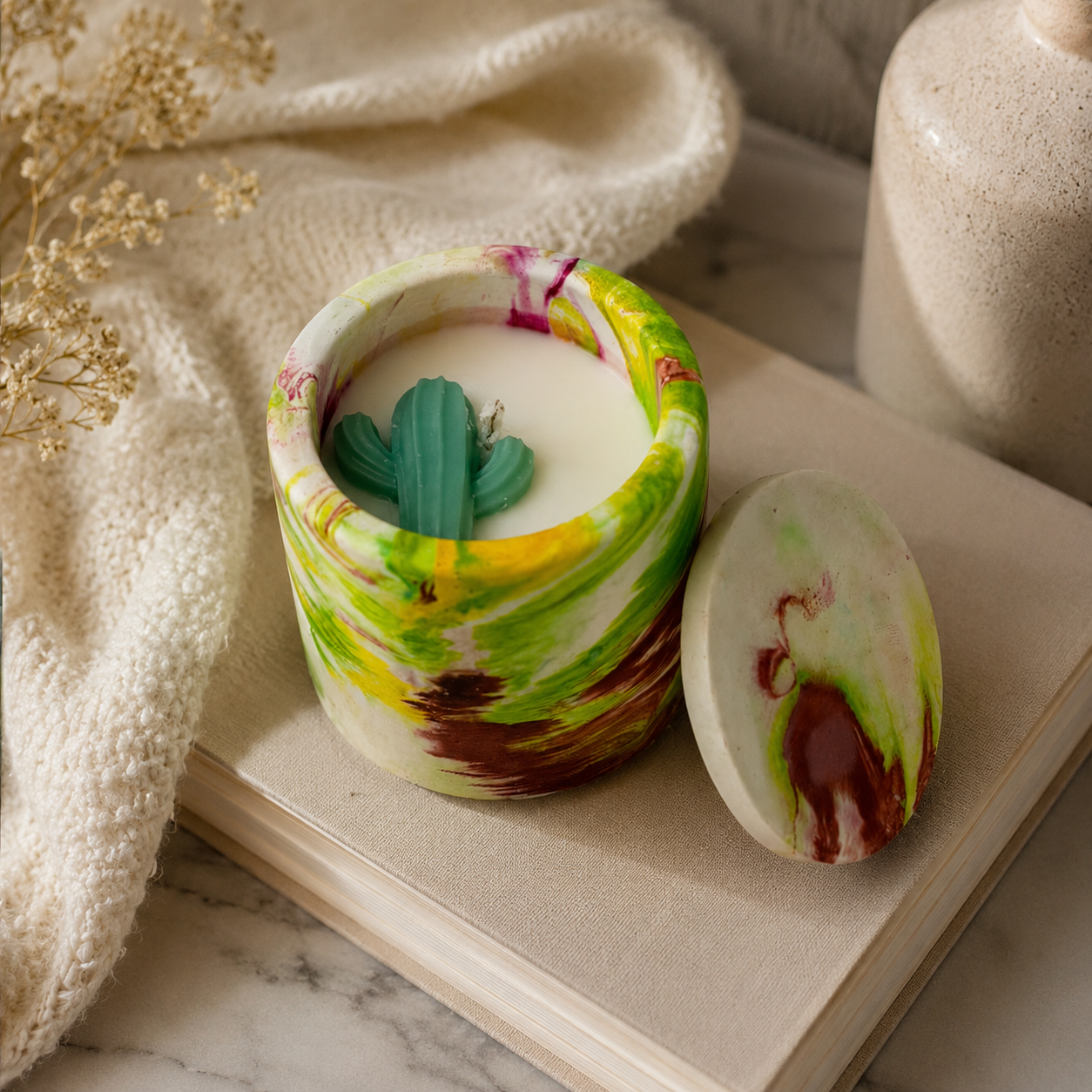 Reusable Hand Painted Cactus Candle with Lid | Decorative Marbled Container Candle