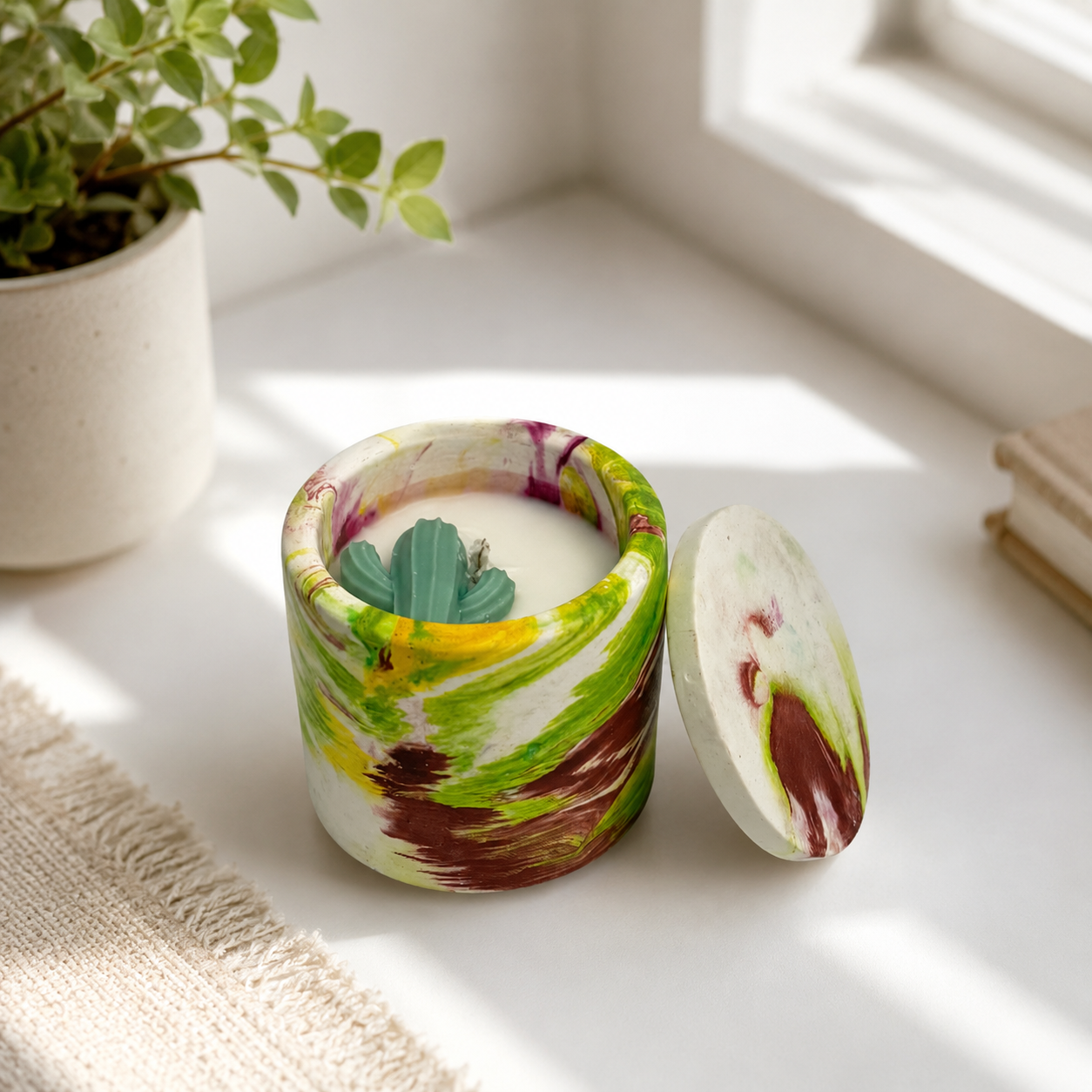 Reusable Hand Painted Cactus Candle with Lid | Decorative Marbled Container Candle