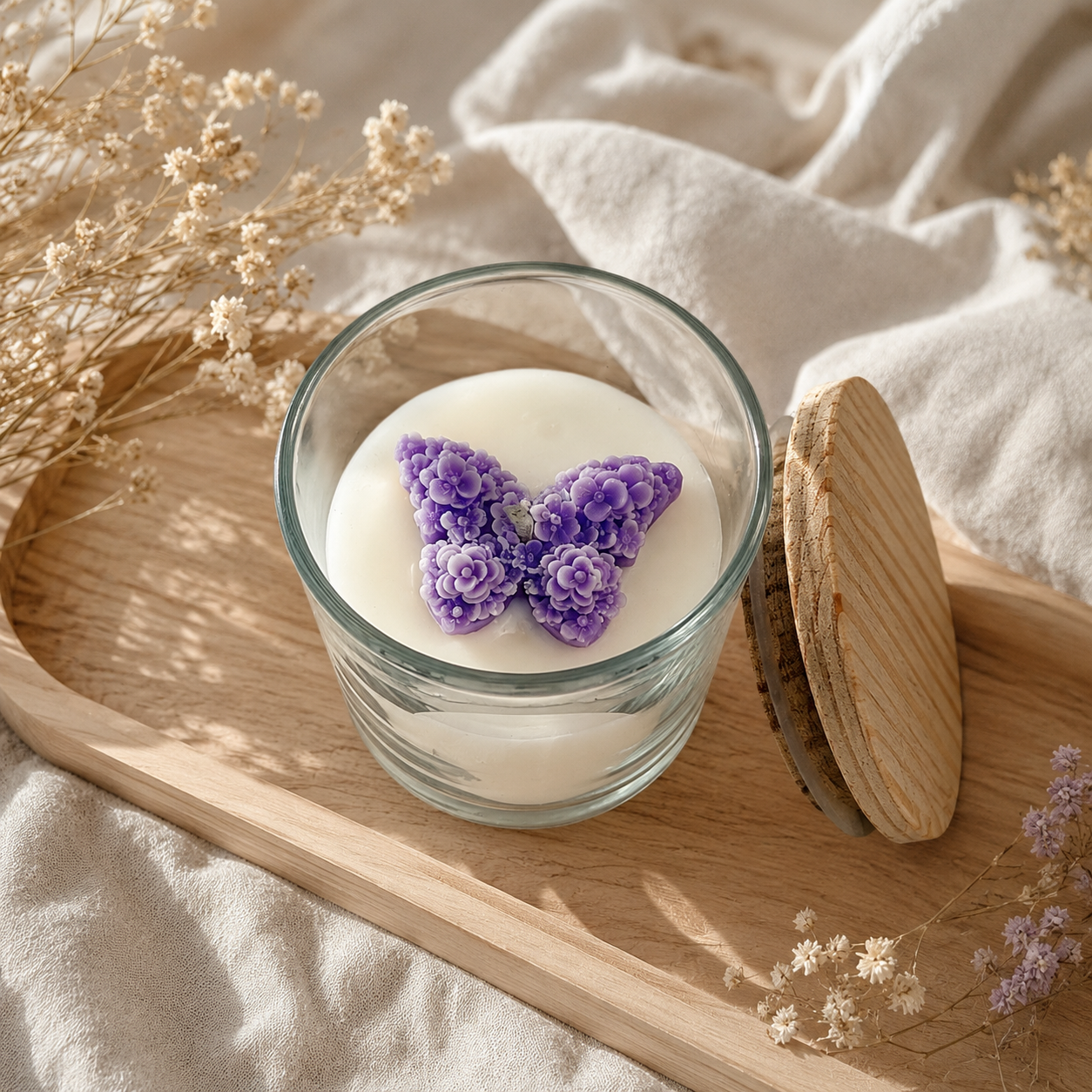 Purple Floral Butterfly Jar Candle with Wooden Lid | Decorative Scented Candle