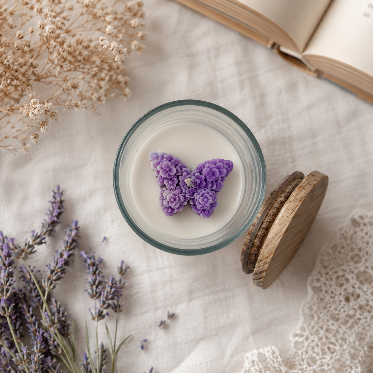 Purple Floral Butterfly Jar Candle with Wooden Lid | Decorative Scented Candle