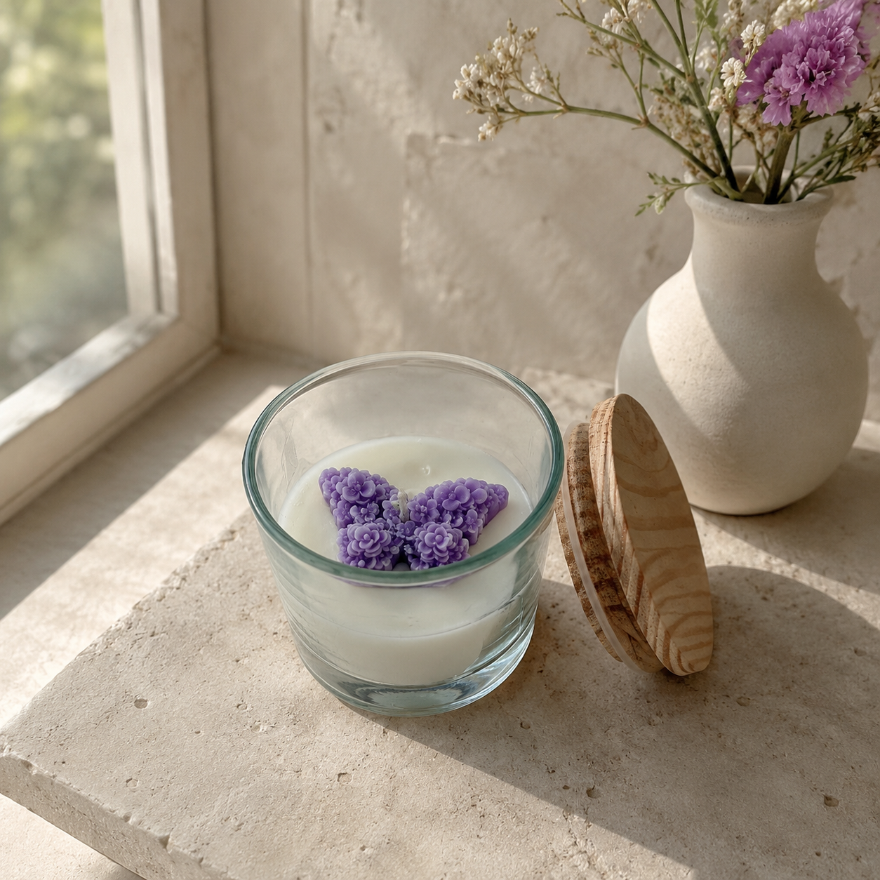 Purple Floral Butterfly Jar Candle with Wooden Lid | Decorative Scented Candle