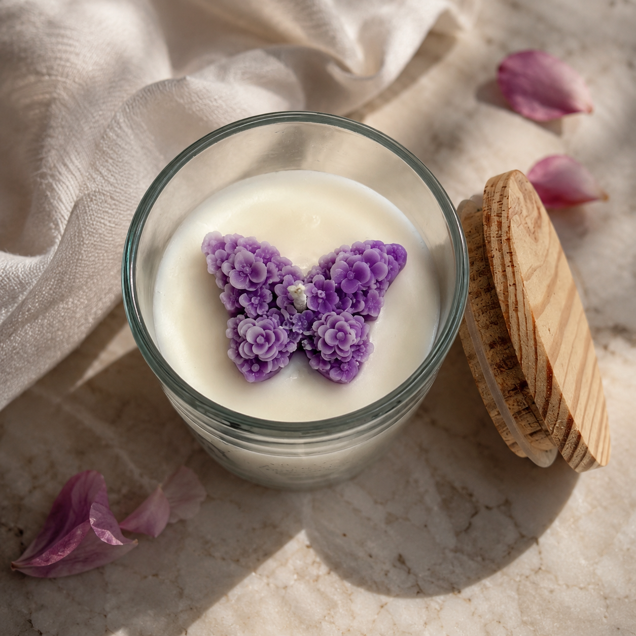 Purple Floral Butterfly Jar Candle with Wooden Lid | Decorative Scented Candle