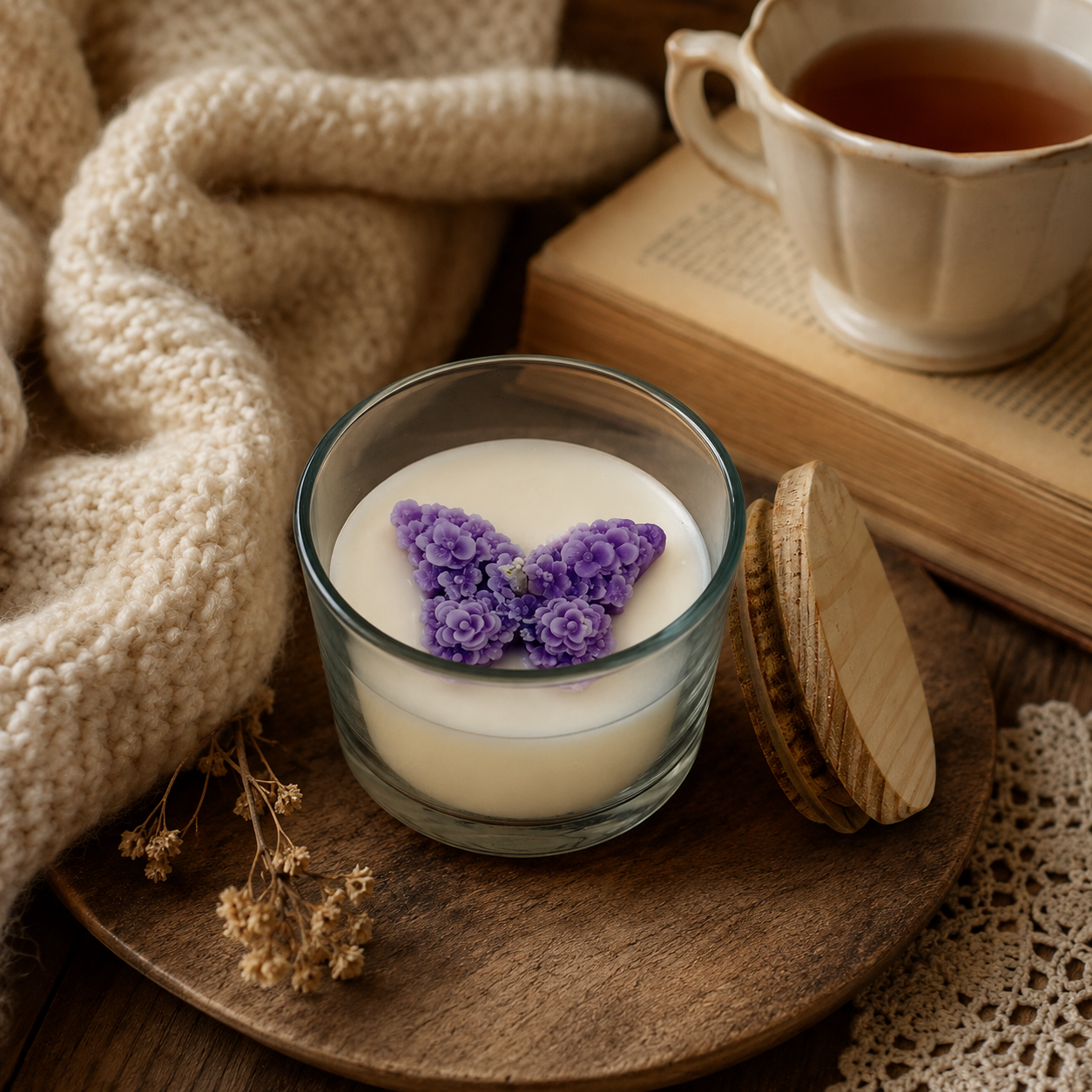 Purple Floral Butterfly Jar Candle with Wooden Lid | Decorative Scented Candle
