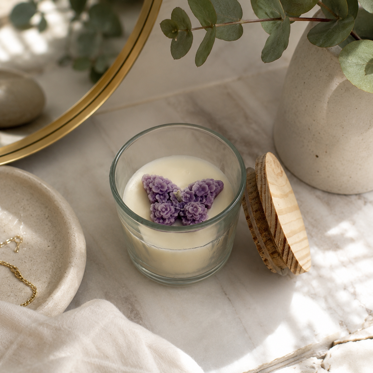 Purple Floral Butterfly Jar Candle with Wooden Lid | Decorative Scented Candle