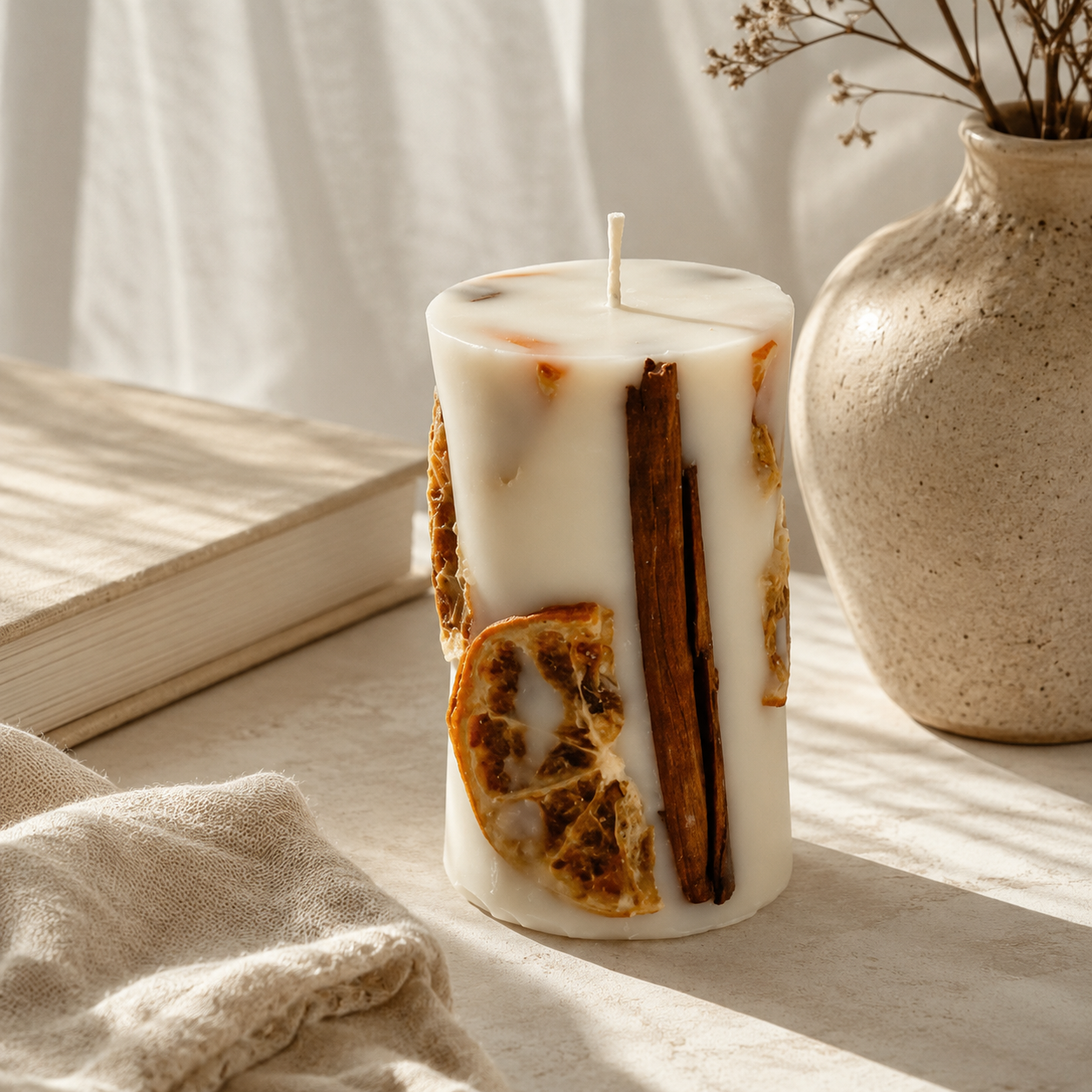 Cinnamon Orange Botanical Pillar Candle | Decorative Handmade Candle