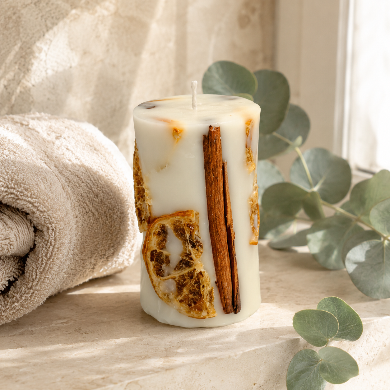 Cinnamon Orange Botanical Pillar Candle | Decorative Handmade Candle