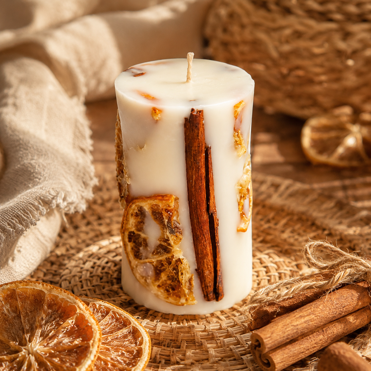 Cinnamon Orange Botanical Pillar Candle | Decorative Handmade Candle