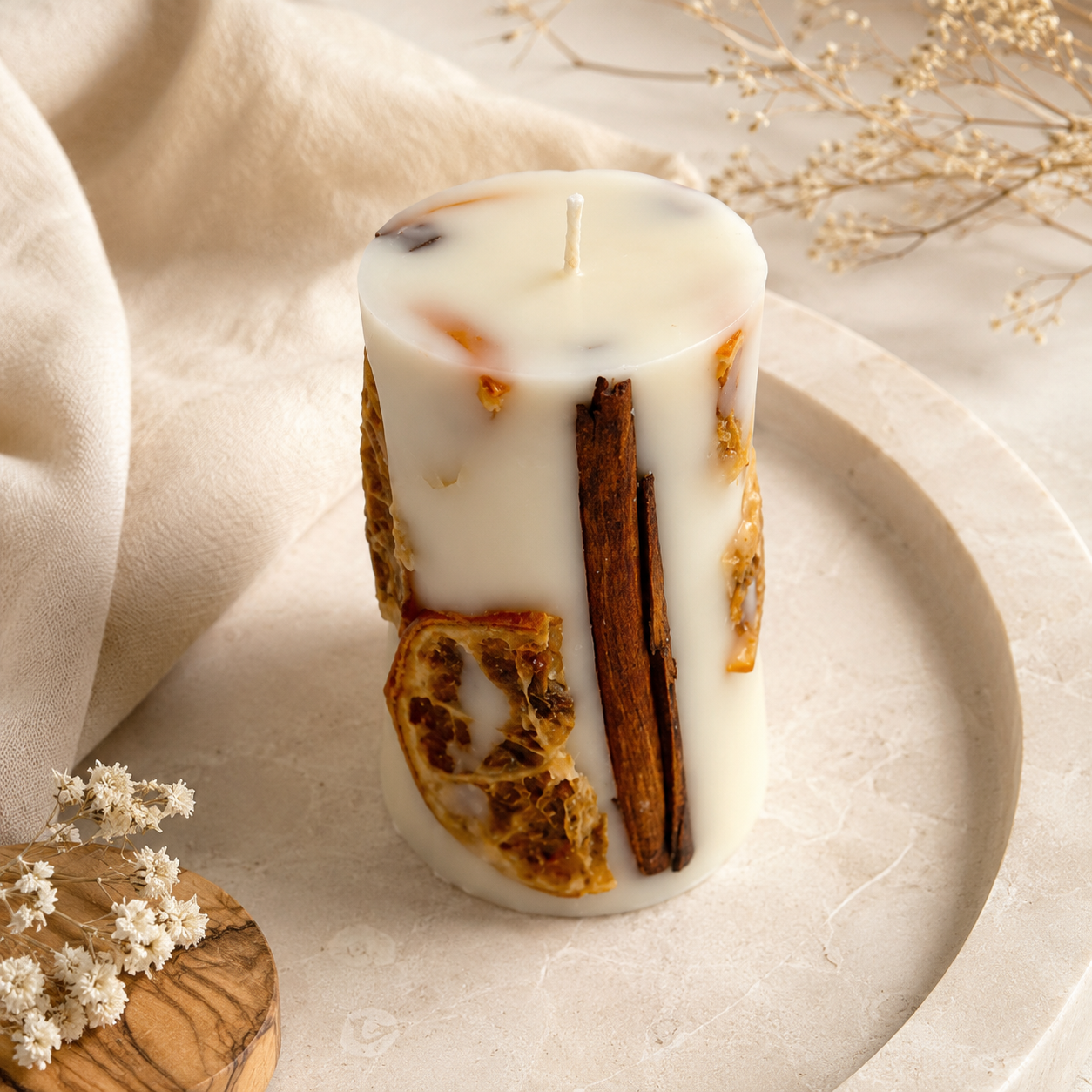 Cinnamon Orange Botanical Pillar Candle | Decorative Handmade Candle
