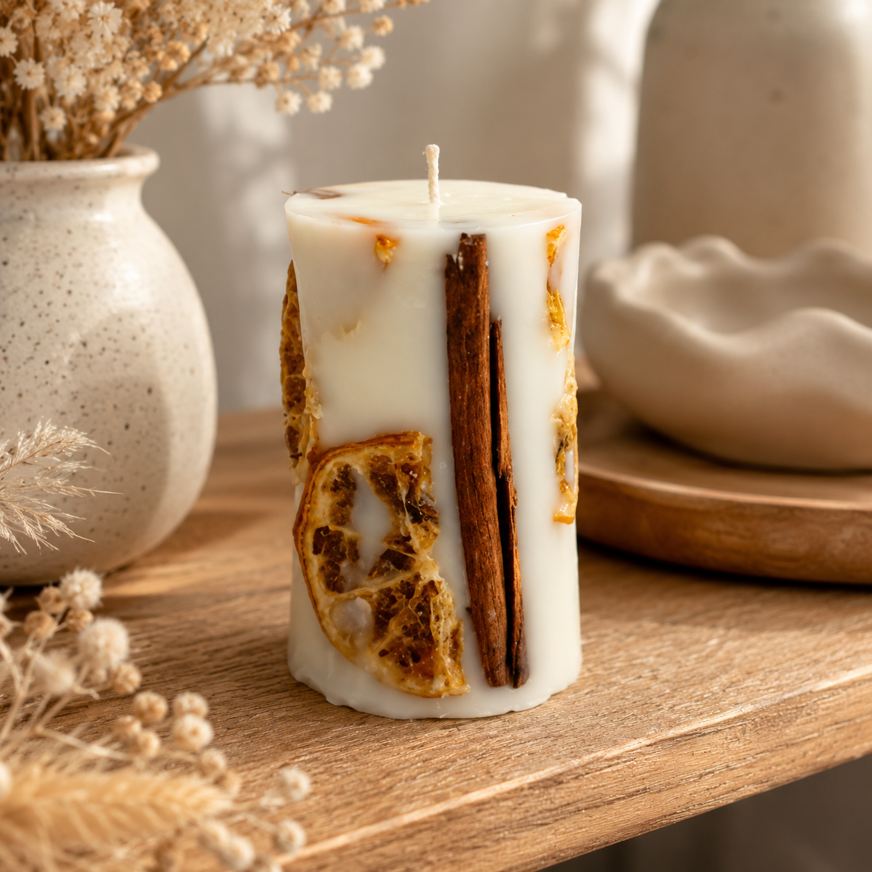 Cinnamon Orange Botanical Pillar Candle | Decorative Handmade Candle