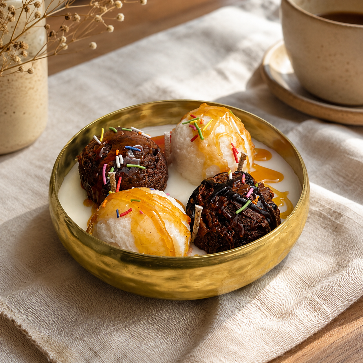 Chocolate Vanilla Ice Cream Urli Candle | Dessert-Inspired Decorative Candle