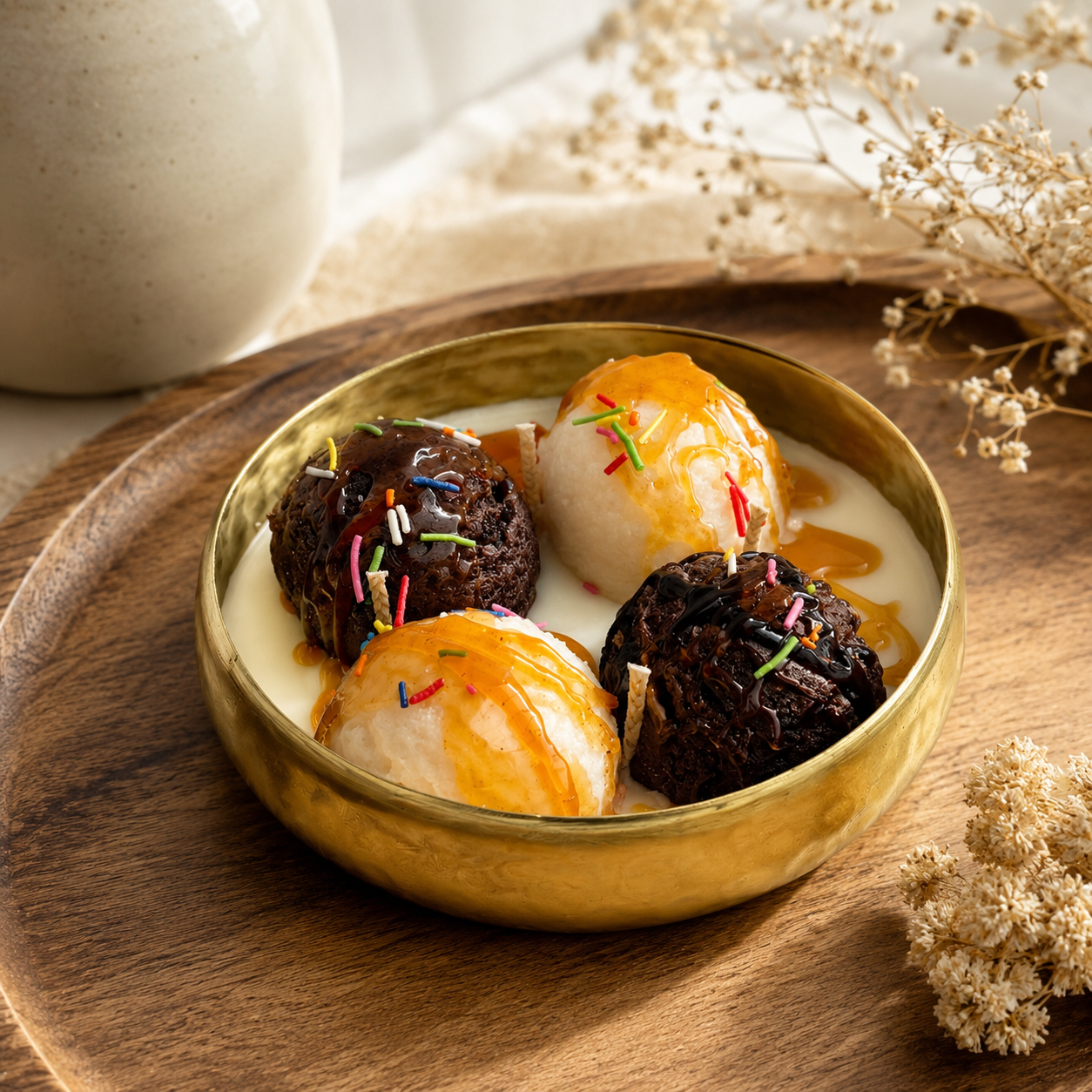 Chocolate Vanilla Ice Cream Urli Candle | Dessert-Inspired Decorative Candle
