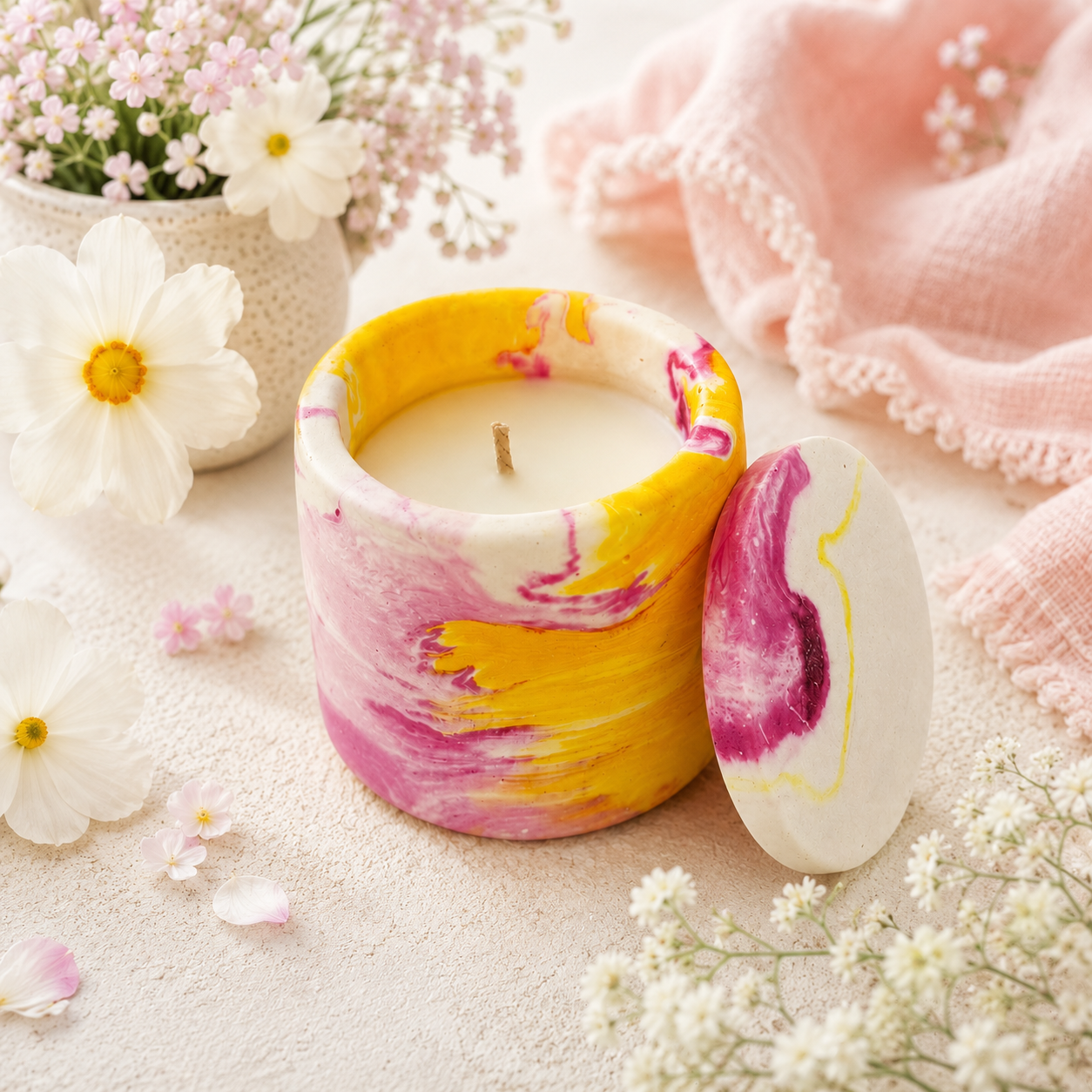 Reusable Lidded Candle in Hand-Painted Container | Decorative Scented Candle