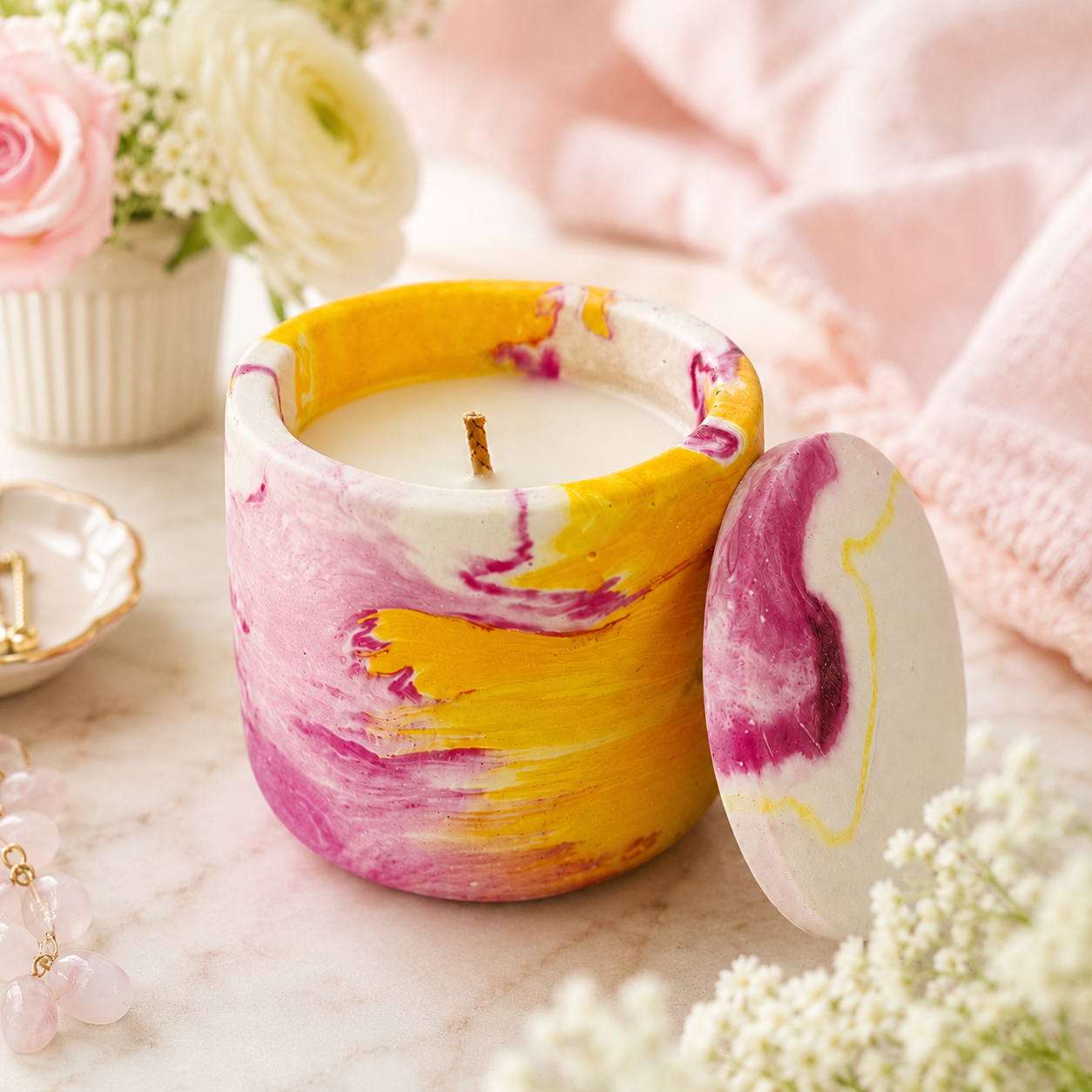 Reusable Lidded Candle in Hand-Painted Container | Decorative Scented Candle