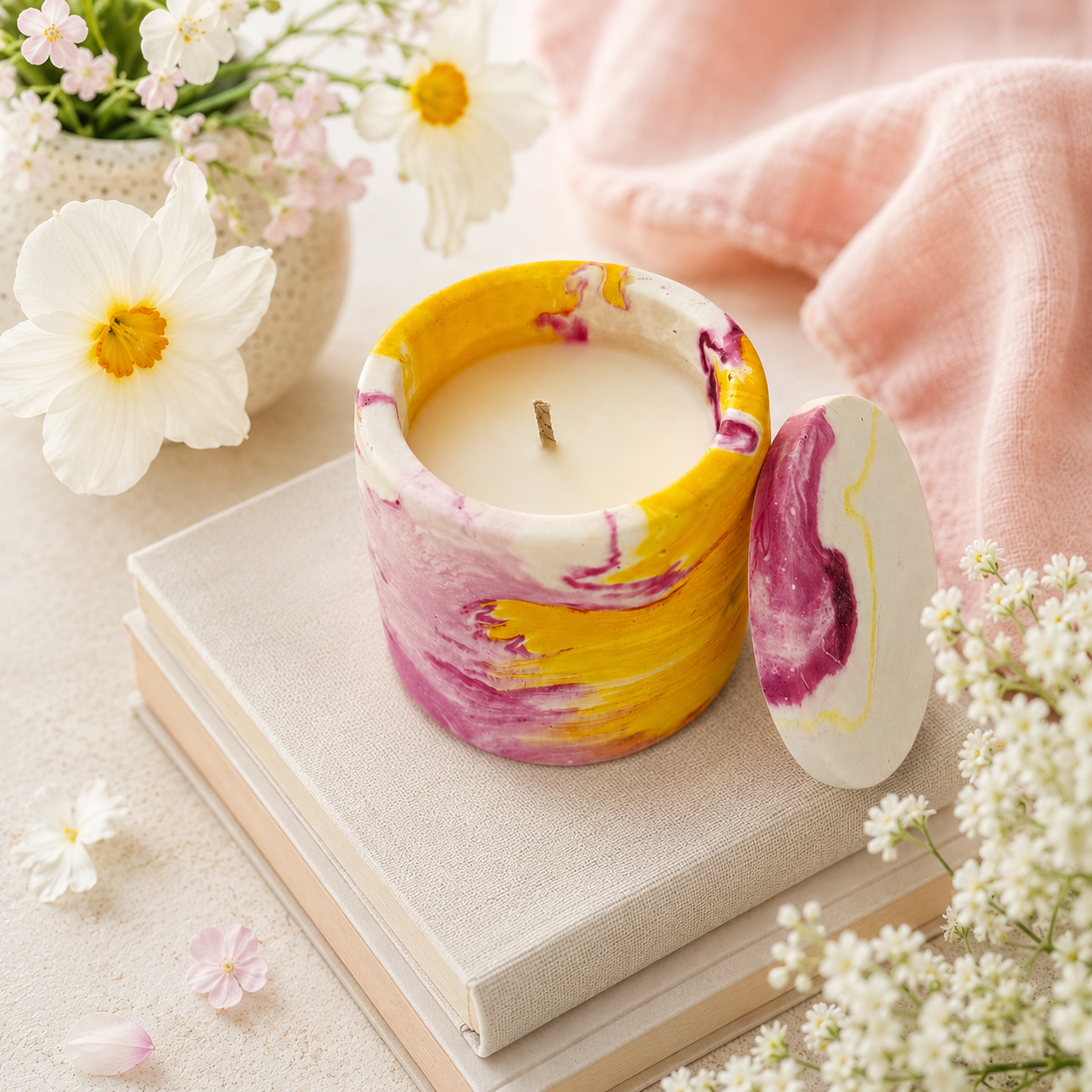 Reusable Lidded Candle in Hand-Painted Container | Decorative Scented Candle