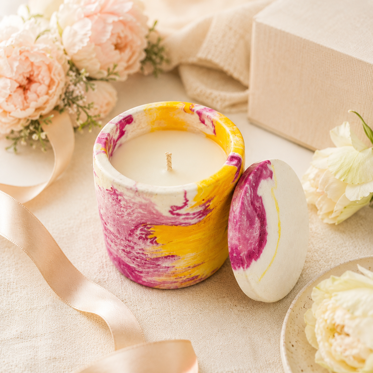 Reusable Lidded Candle in Hand-Painted Container | Decorative Scented Candle