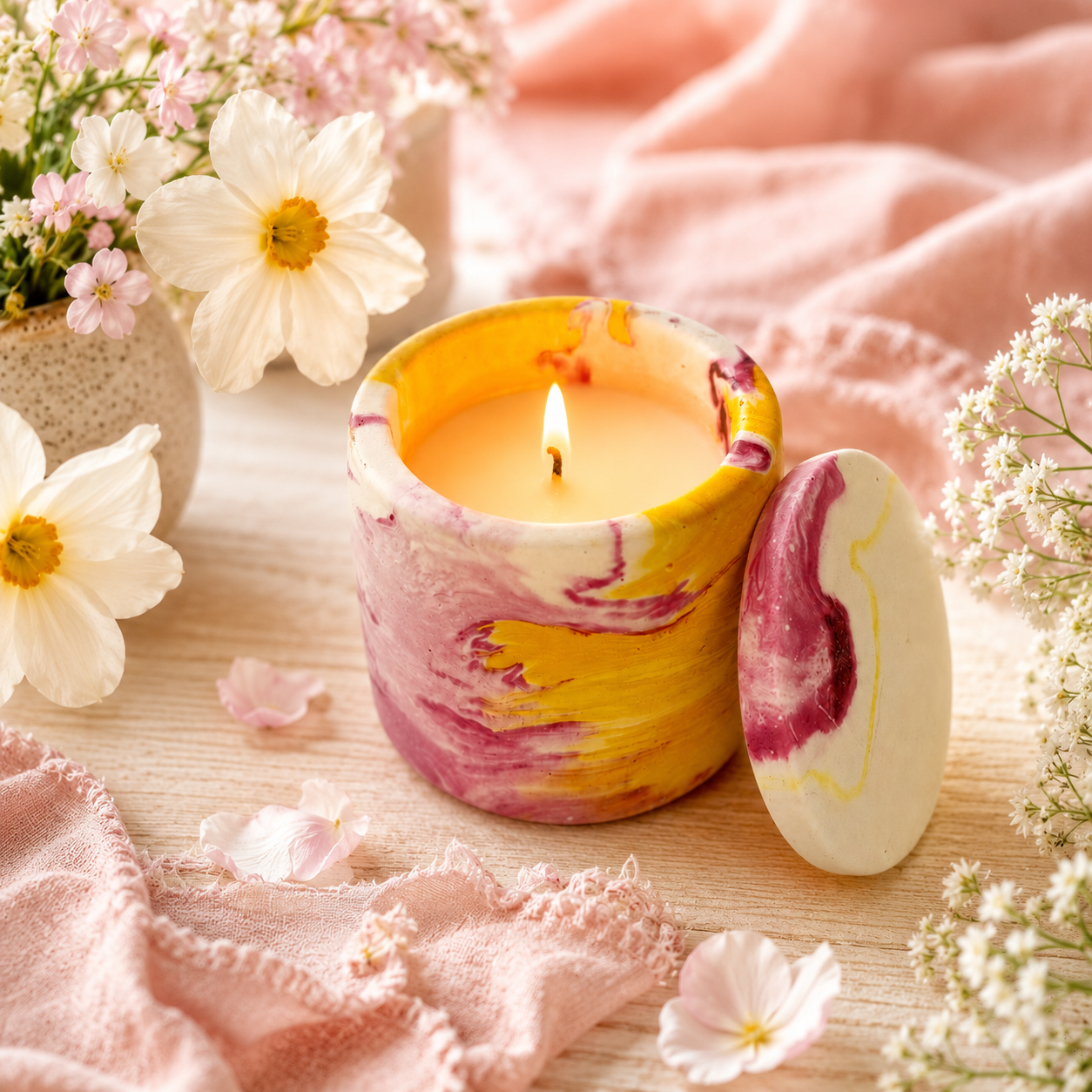 Reusable Lidded Candle in Hand-Painted Container | Decorative Scented Candle