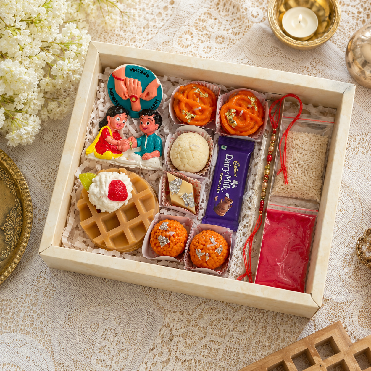 Rakhi Hamper Gift Box with Sweet Candles, Waffle Soap, Fridge Magnets & Chocolate
