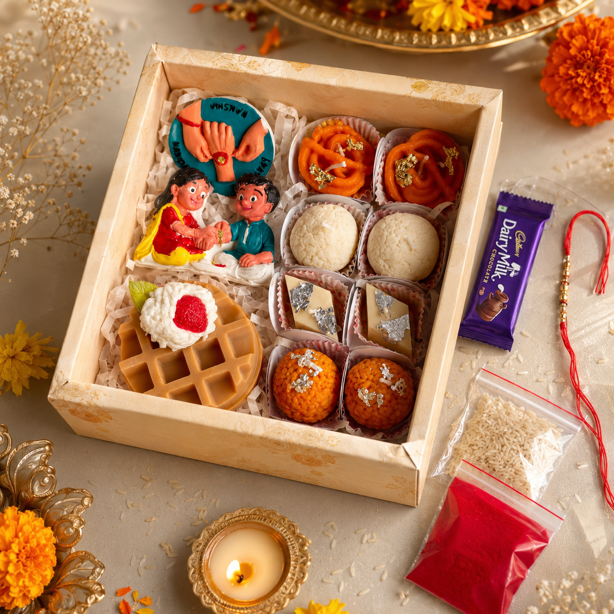 Rakhi Hamper Gift Box with Sweet Candles, Waffle Soap, Fridge Magnets & Chocolate