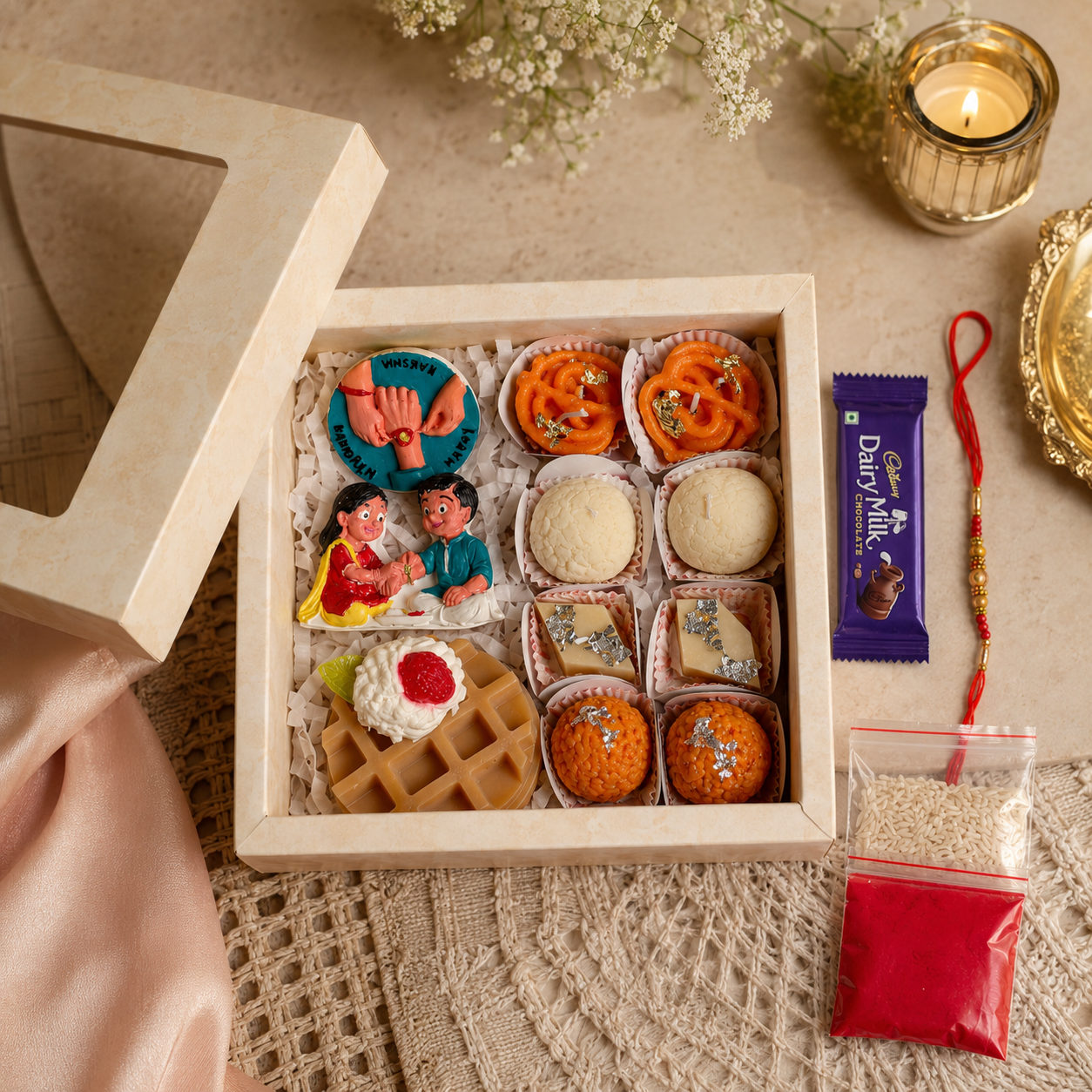 Rakhi Hamper Gift Box with Sweet Candles, Waffle Soap, Fridge Magnets & Chocolate
