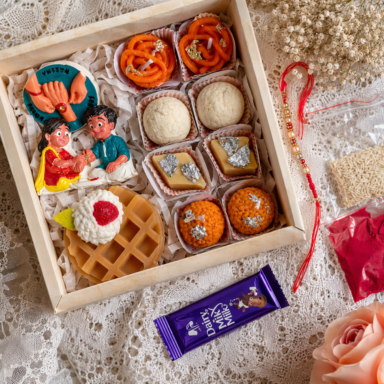 Rakhi Hamper Gift Box with Sweet Candles, Waffle Soap, Fridge Magnets & Chocolate