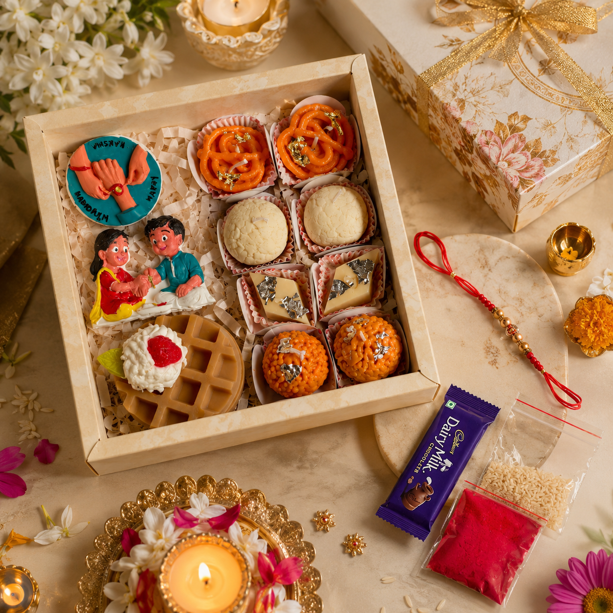 Rakhi Hamper Gift Box with Sweet Candles, Waffle Soap, Fridge Magnets & Chocolate