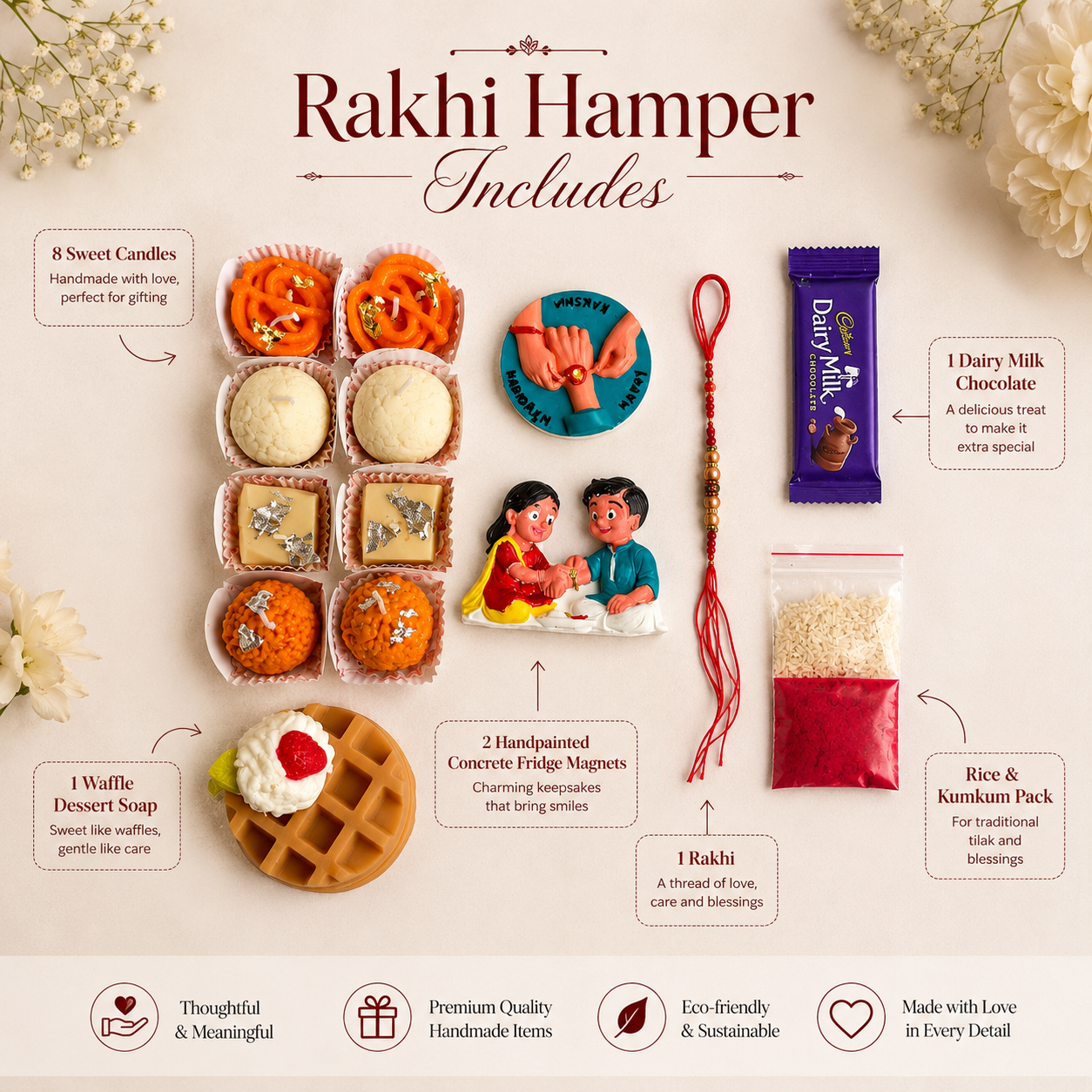Rakhi Hamper Gift Box with Sweet Candles, Waffle Soap, Fridge Magnets & Chocolate