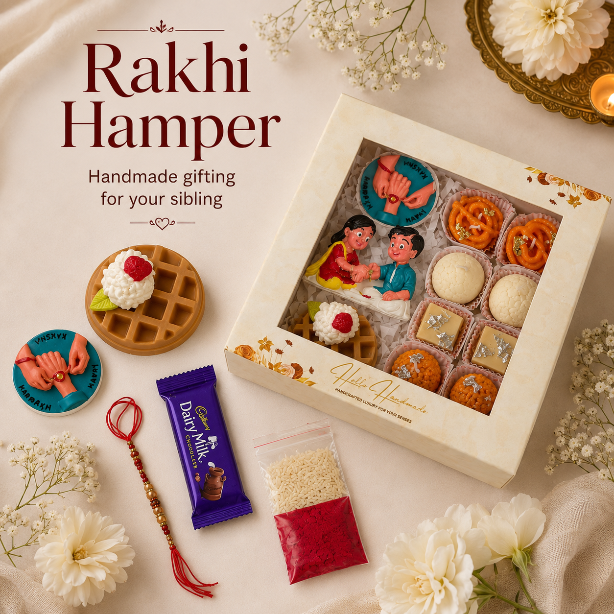 Rakhi Hamper Gift Box with Sweet Candles, Waffle Soap, Fridge Magnets & Chocolate