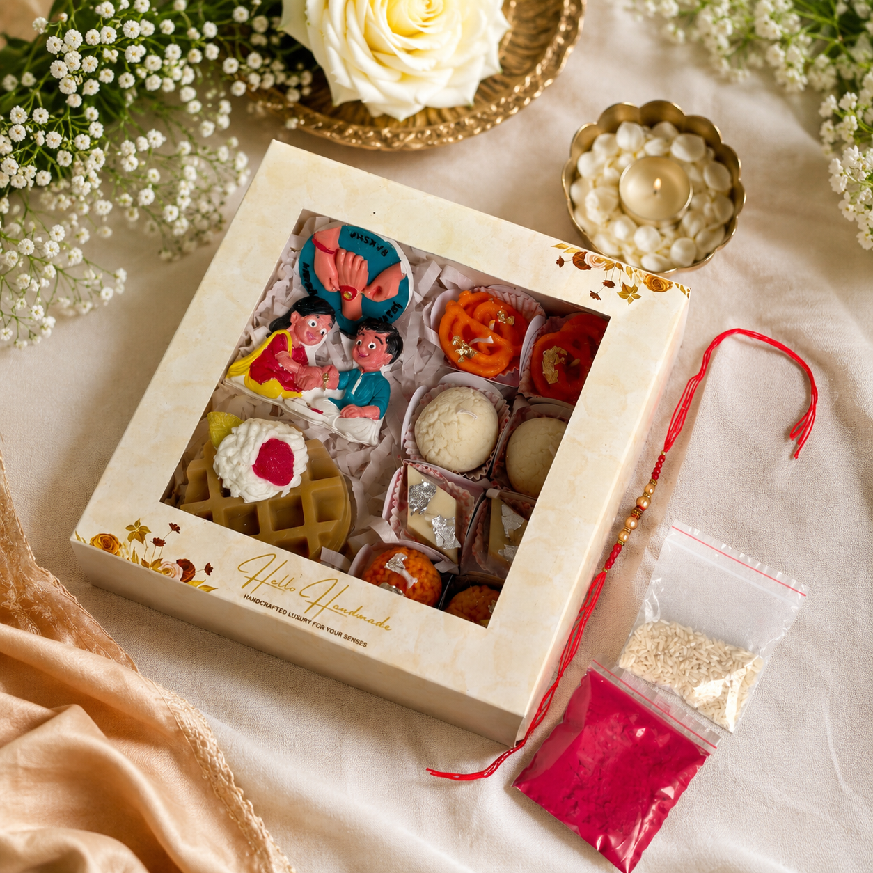 Rakhi Hamper Gift Box with Sweet Candles, Waffle Soap, Fridge Magnets & Chocolate