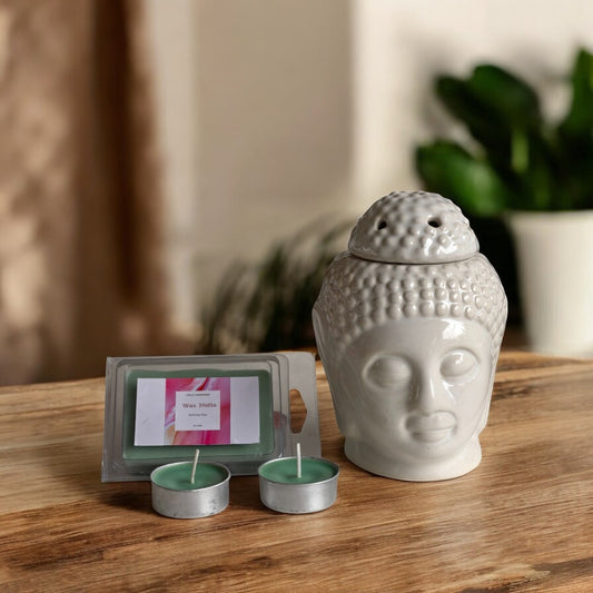 Hello Handmade Ceramic Buddha Head Diffuser with Wax Melts and 2 Tea Light Candles