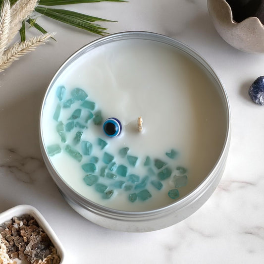 Hello Handmade Evil Eye Protection Candle – Scented Soy Wax Tin with Crystals (Scent Egyptian Musk)
