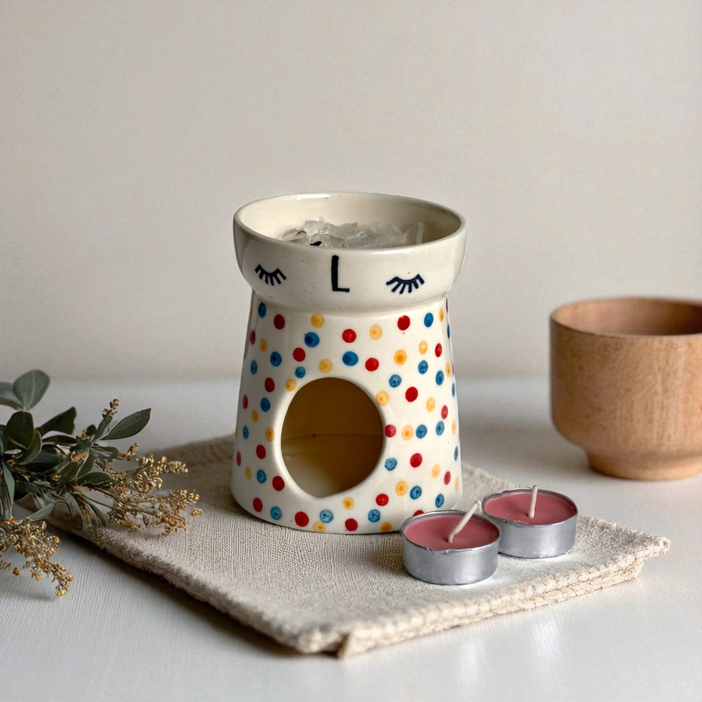 Polka Dot Ceramic Wax Melt / Camphor Burner (2 Tealight Candles Included)