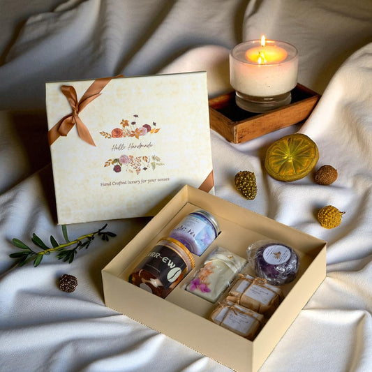 Luxury Handmade Bathing Essentials Gift Box – Candle,Wax Tablet, Whipped Soap, Loofah & Bar Soaps