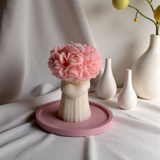 Blush Bloom Bouquet Candle Set – British Rose Scent with Jesmonite Tray | Handcrafted Soy-Coconut Wax Candle