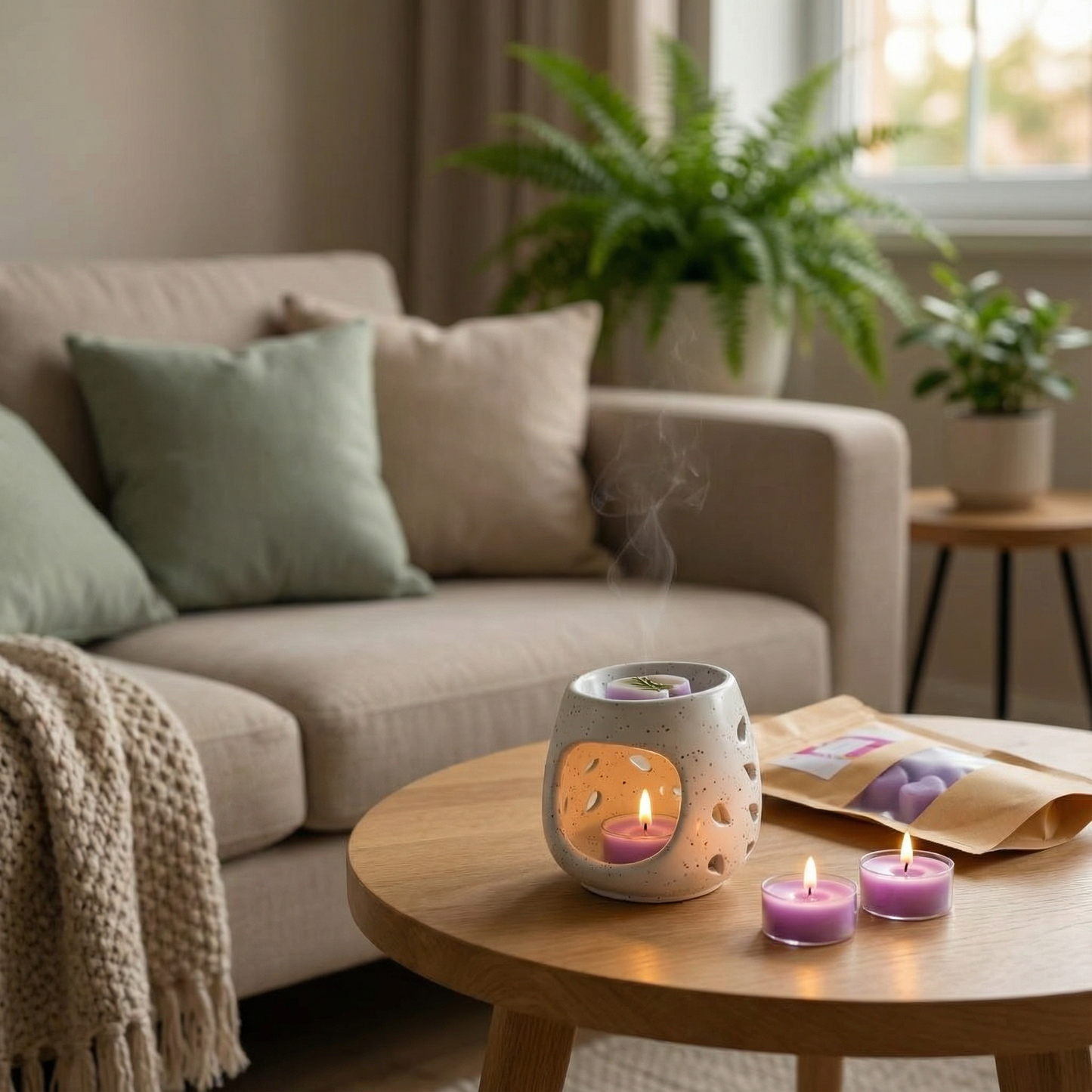 Hello Handmade Handcrafted Ceramic Round Shaped Aroma Diffuser with Wax Melts and 2 Tea Light Candles