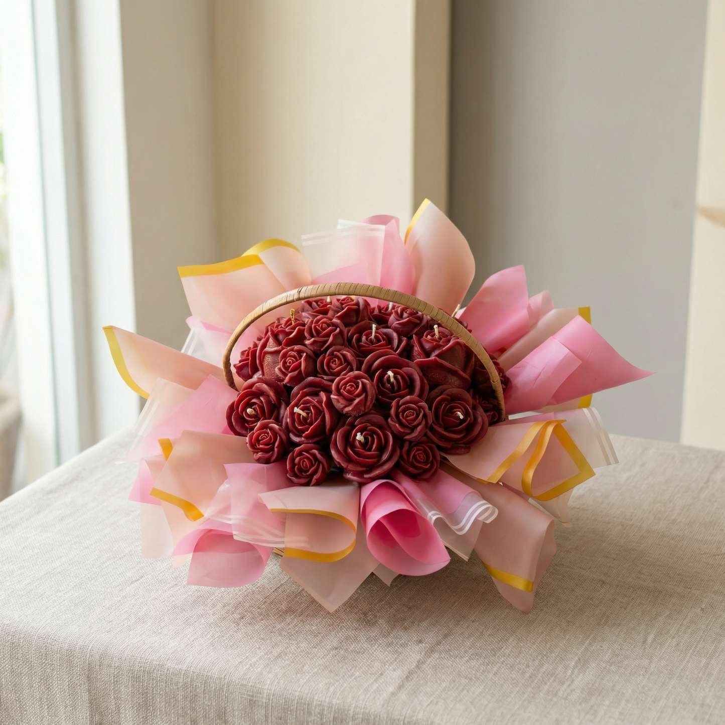 Rose Candle Basket – Handcrafted Floral Candle Arrangement