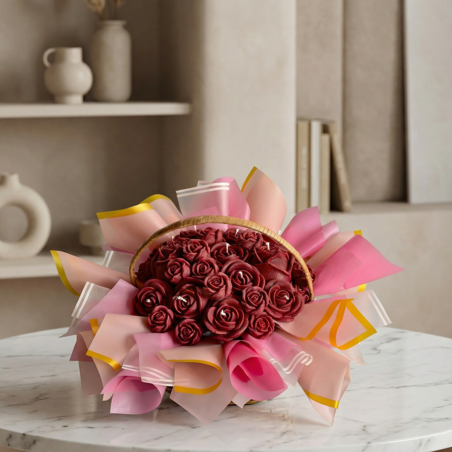 Rose Candle Basket – Handcrafted Floral Candle Arrangement