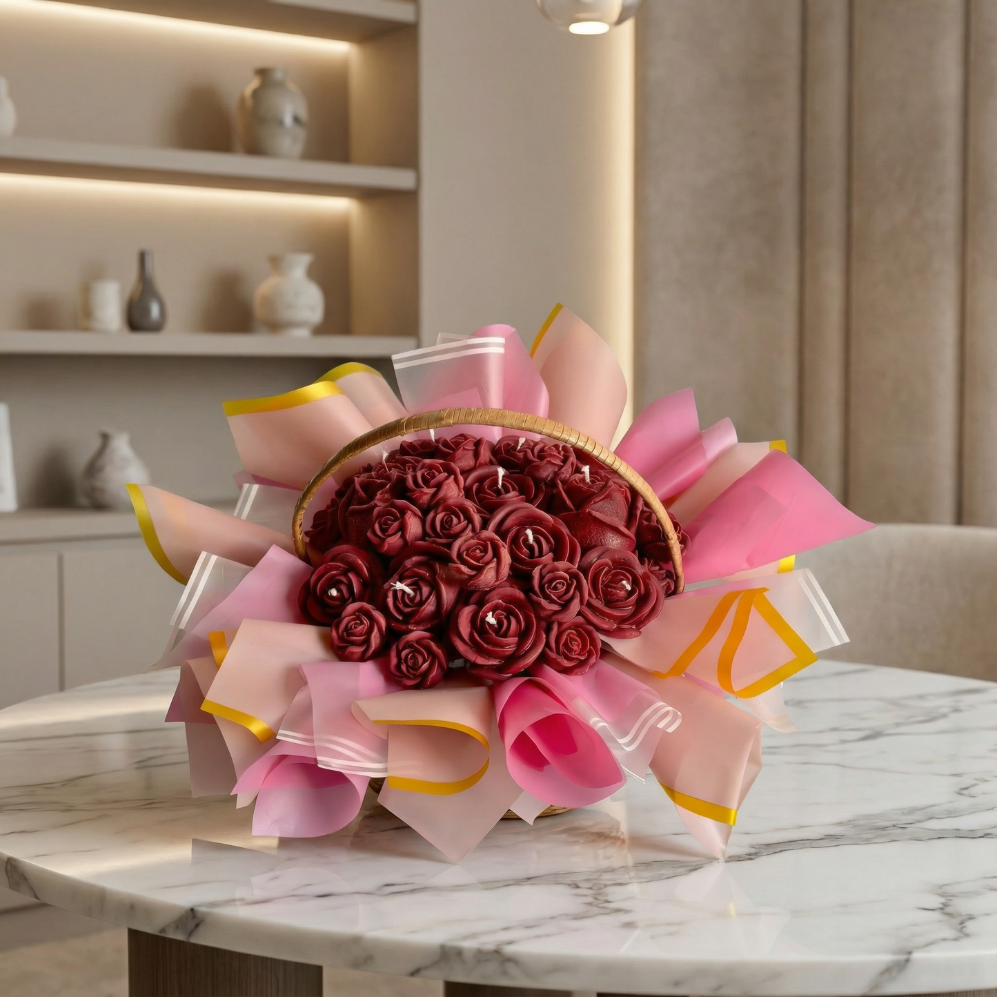 Rose Candle Basket – Handcrafted Floral Candle Arrangement