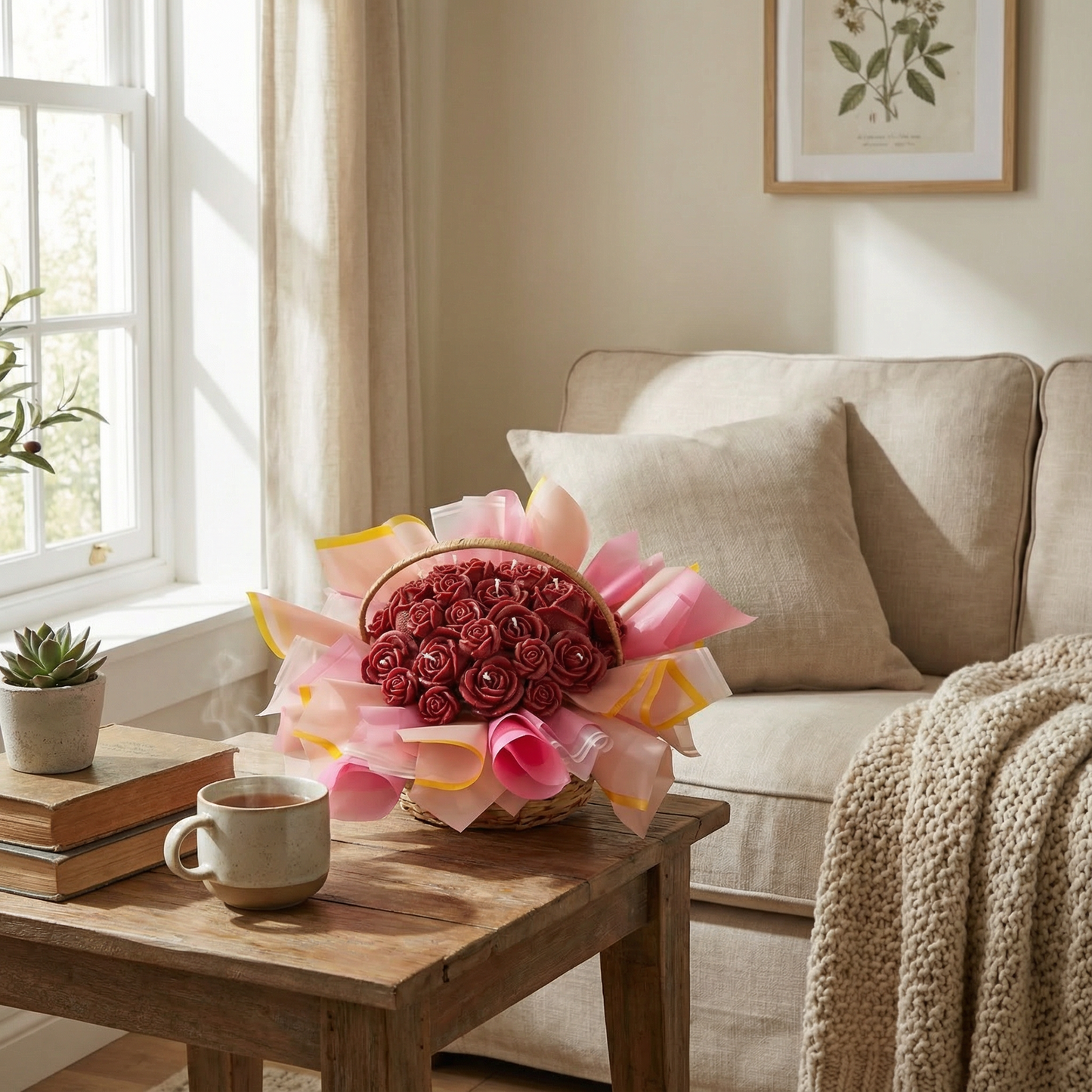 Rose Candle Basket – Handcrafted Floral Candle Arrangement